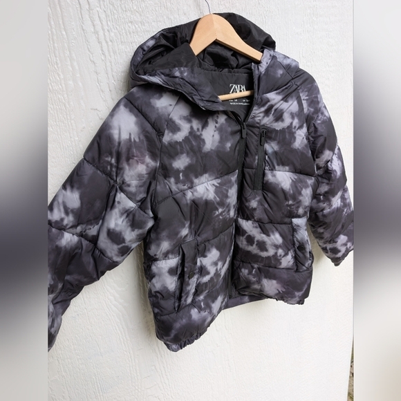 Zara Gray Black Tie Dye Puffer Coat Jacket Comfortemp With Hood Unisex Size 10 - Picture 2 of 5